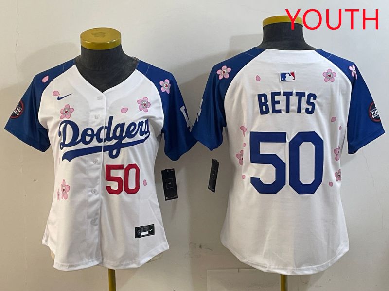 Youth Los Angeles Dodgers #50 Betts White Blue Sakura Edition 2025 Nike MLB Jersey style 7->youth mlb jersey->Youth Jersey
